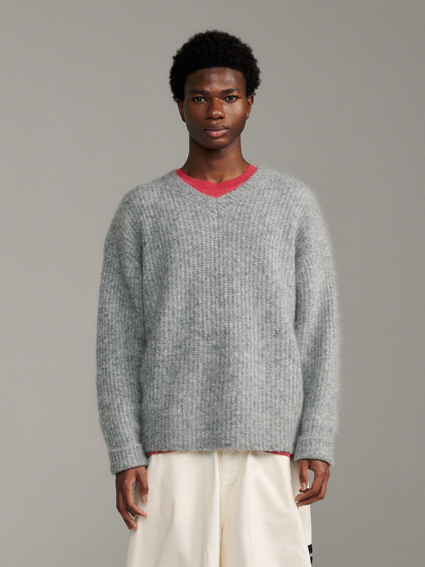 V-Neck Mohair Knit - Grey Marle