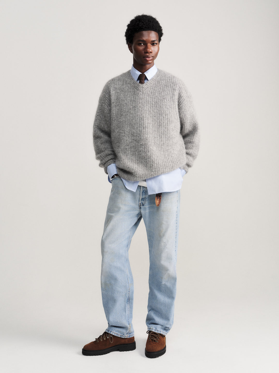 V-Neck Mohair Knit - Grey Marle
